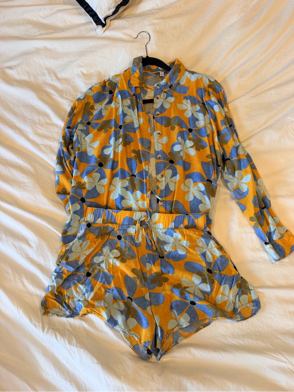 Casual Floral Print Short Romper in Mustard Blue